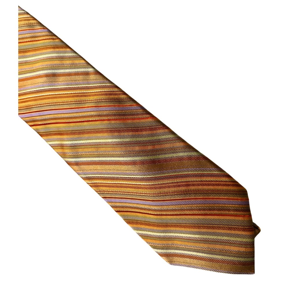 Ike Behar New York Mens Silk Tie Orange‎ Gold Multicolor Stripe Luxury Designer